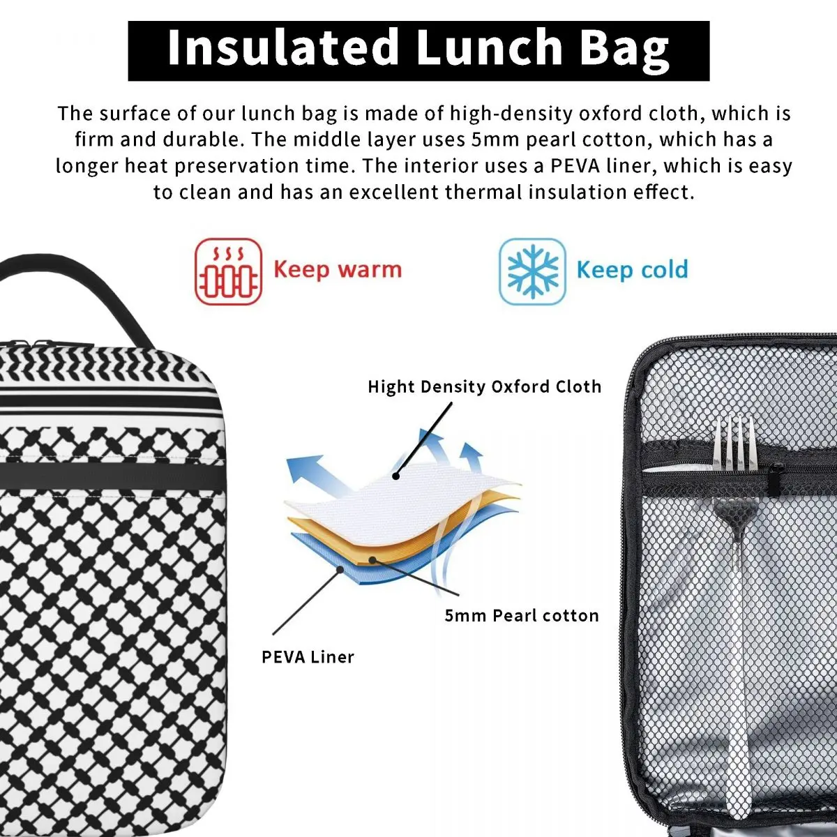 Black Arab Keffiyeh Insulated Lunch Bags Thermal Bag Lunch Container Palestine Palestinian Tote Lunch Box Men Women School