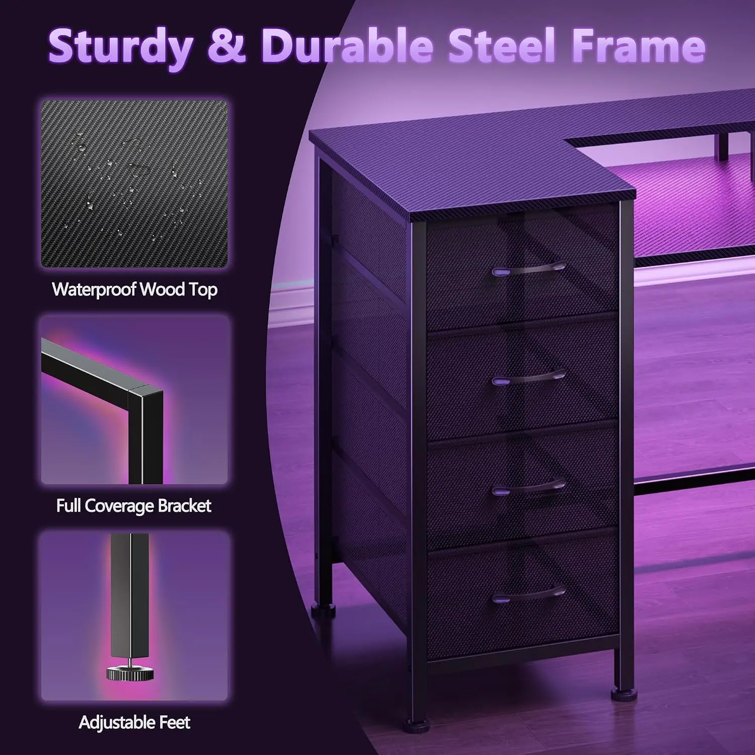 47 Inch Gaming Desk with Power Outlets & LED Lights Reversible Desk with 5 Fabric Drawers for Office Study Black, Customized