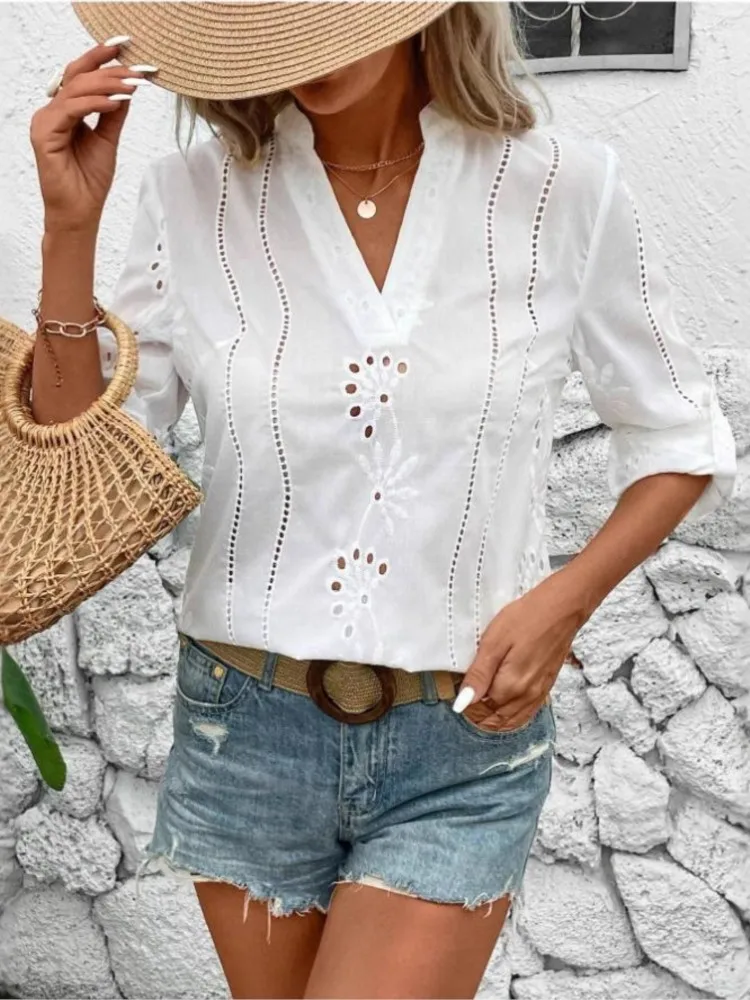Moda gancho flor oco camisa para mulheres casual branco nove quartos com decote em v pulôver camisas topos senhora férias boho roupas novas