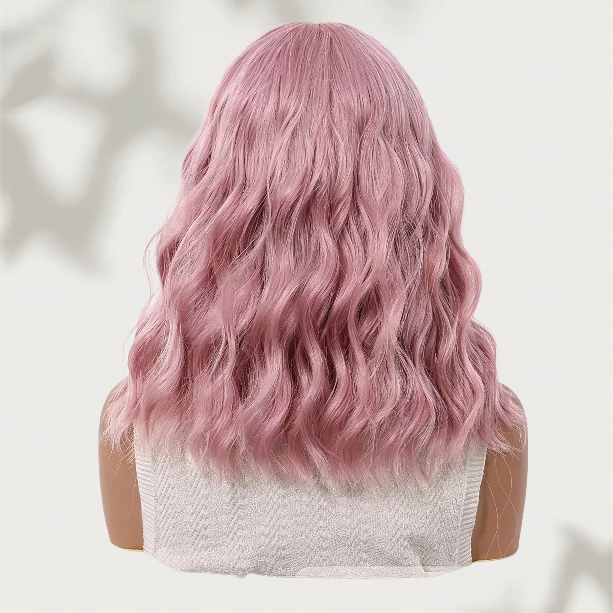 

Medium Length Sakura Pink Wavy Synthetic Wig with Straight Bangs Short Curly Festival Style Wigs for Women Daily Party Use