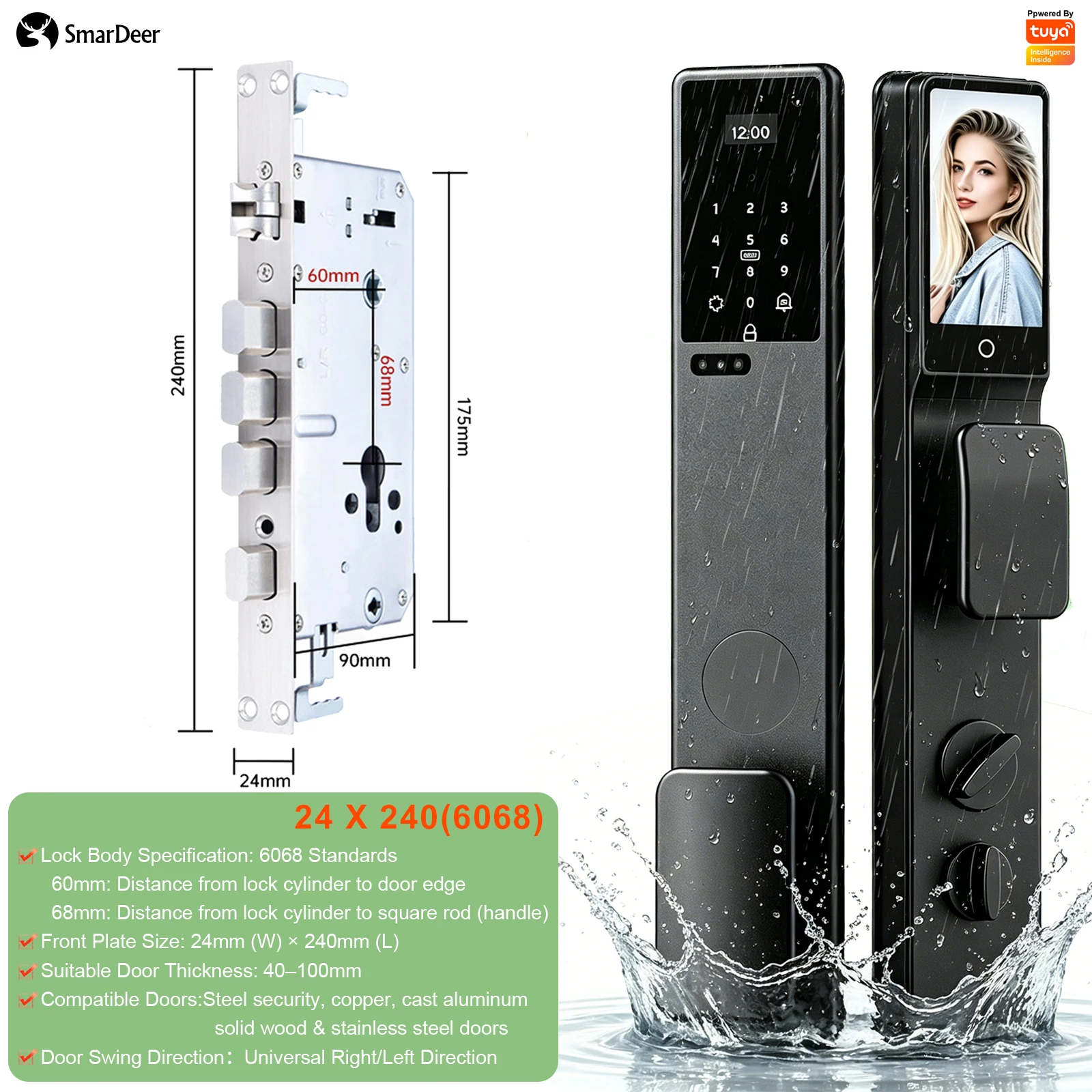 SmarDeer Keyless Smart Lock IP66 Waterdicht 3D Gezichts- & Palmaderherkenning Tuya App Afstandsbediening Videogesprek Voordeurbeveiliging