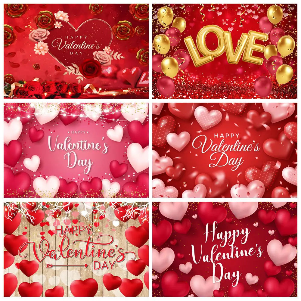 

Valentine's Day Theme Backdrop For Photography Red Rose Love Heart Balloons Proposal Wedding Party Background Photo Studio Props