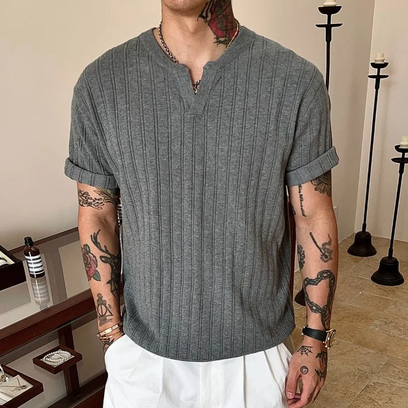 2026 Knitted Henry V-neck T-shirt Vintage Style Summer Short Sleeved T-shirt Solid Color Versatile Casual Business T-shirts