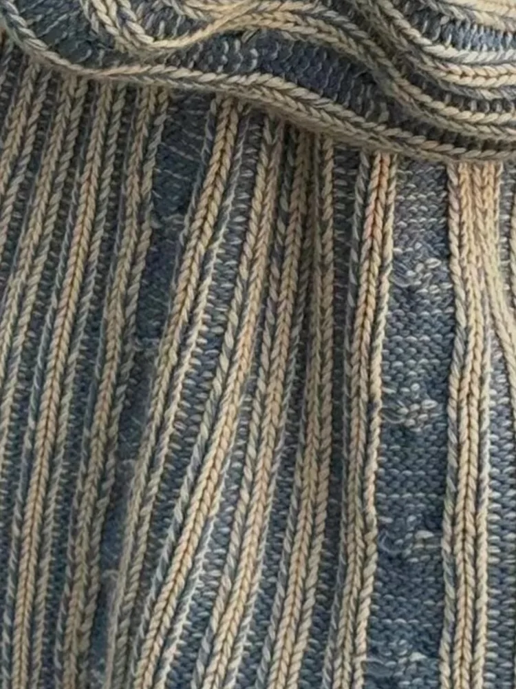 트렌디한 하이 스트리트 블루 스트라이프 니트 스웨터 여성용 편안한 레이지 스타일 루즈 풀오버 스웨터 가을 겨울 니트웨어 탑