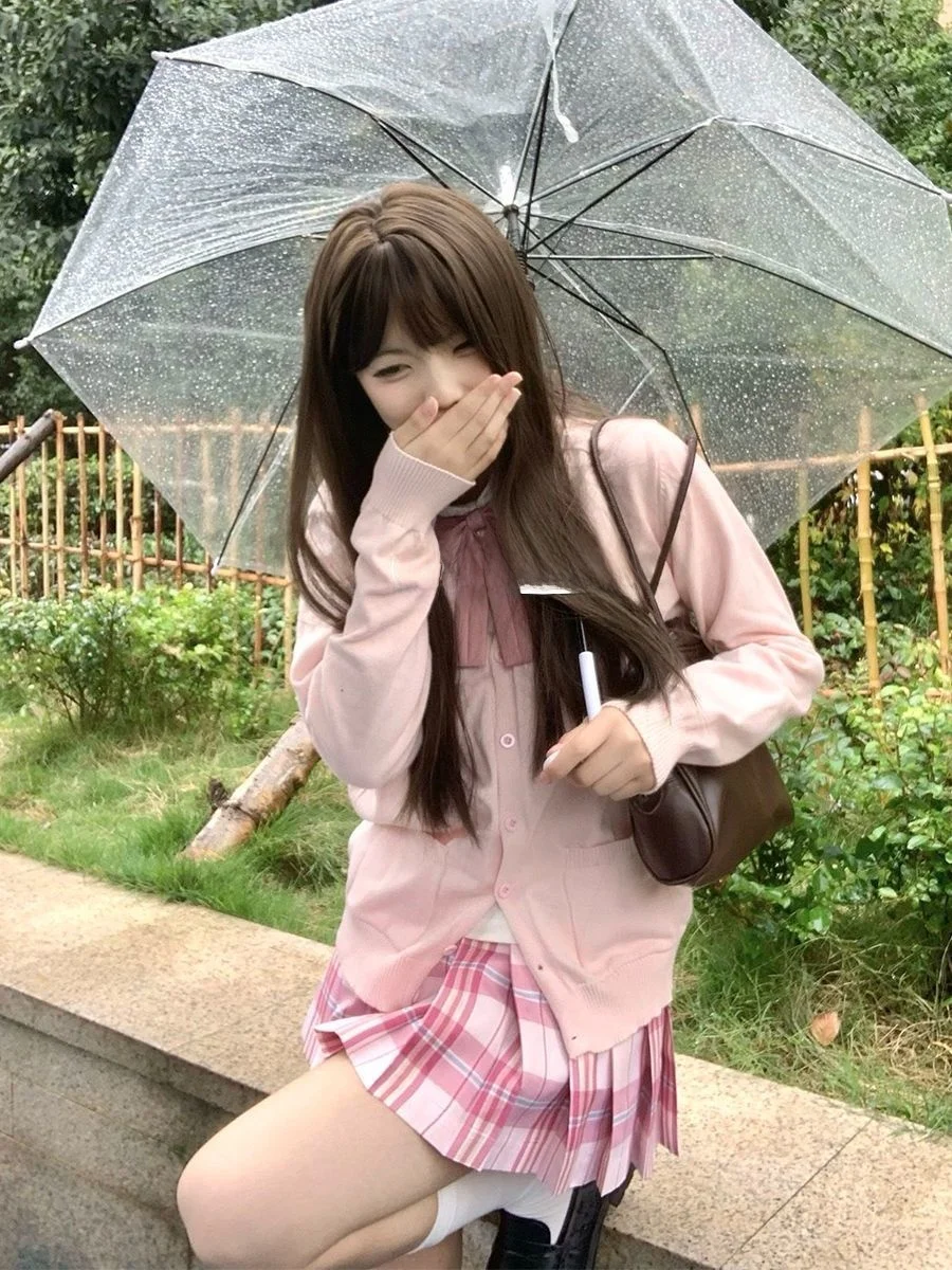 

Original JK orm Autumn Winter Set Plaid Skirt Knitted Long Sve irt Women's Versatile Outerwear College Sle Coat