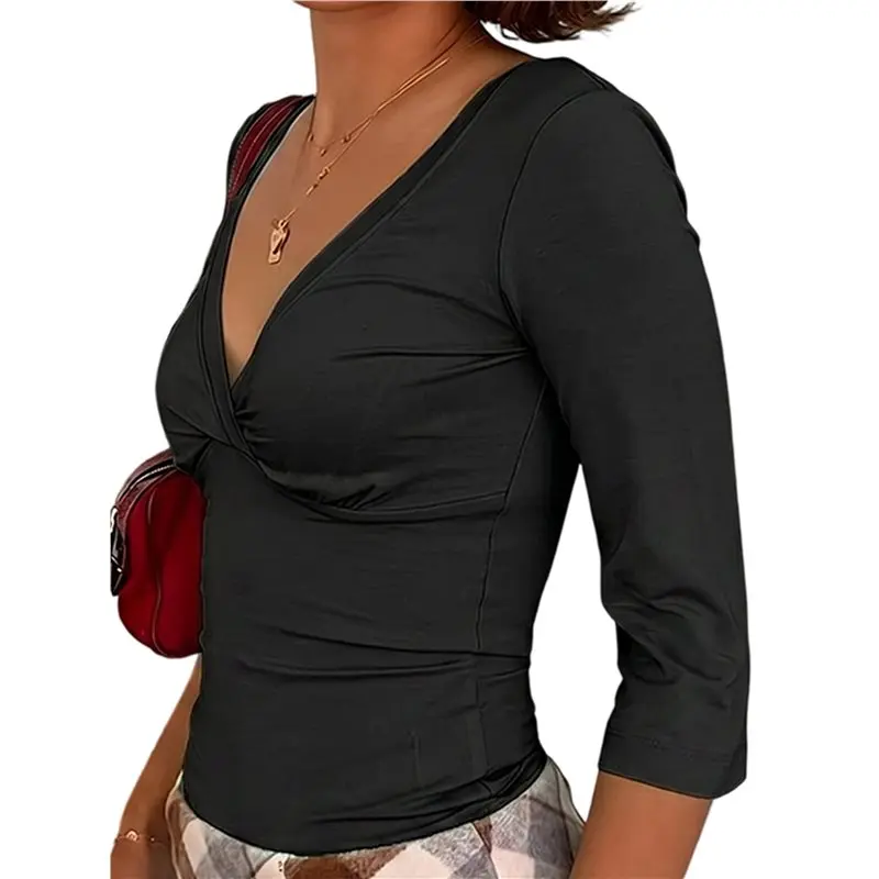 NEW-Women's Solid Wrap V Neck Ruched 3/4 Sleeve Fitted Cropped T Shirt