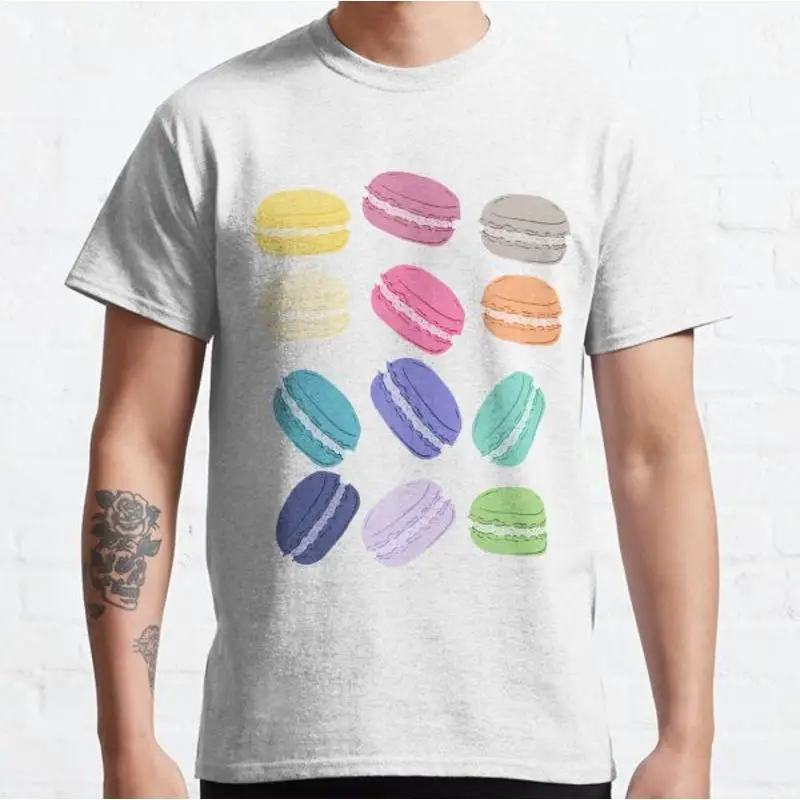 Cute Macaron Pattern on Blue Background Classic T shirt_npw_42