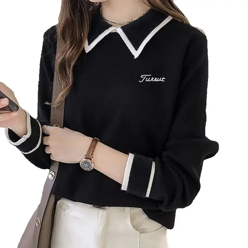 

Luxury Brand Golf Knit Women Golf Wear 2024 Autumn New Golf Long Sleeves Fashion Doll Collar Casual Top Women Golf Clothes 골프용품