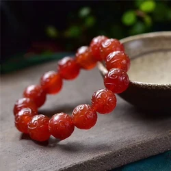 Natural Red Agate Bracelet Men Women Healing Jewelry Carnelian Hand-carved Exquisite Pattern Round Bead Elastic Beaded Bracelets
