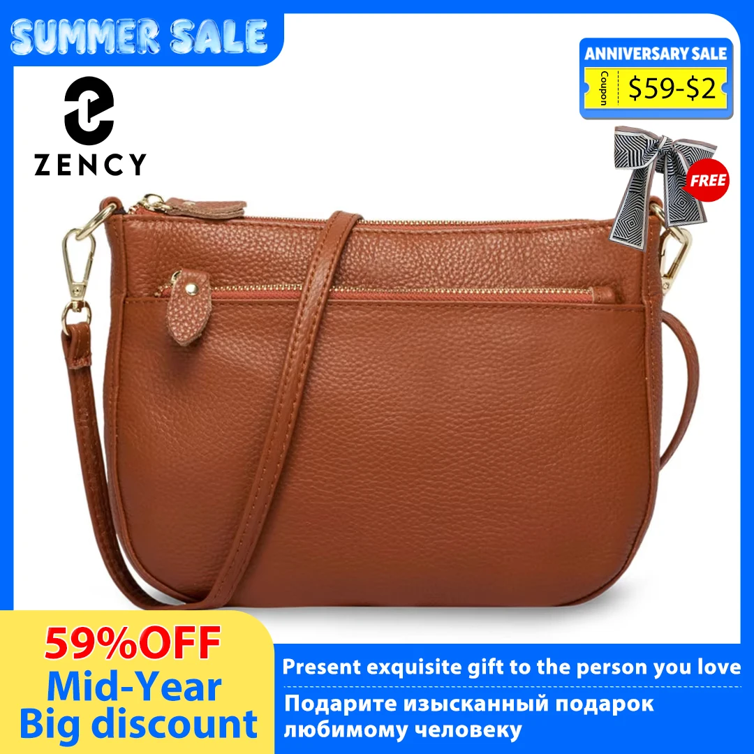 Zency Fashion Women Crossbody Bag 100% Genuine Leather Brown Handbag Small Flap Bags Simple Lady Shoulder Purse Messenger Wallet