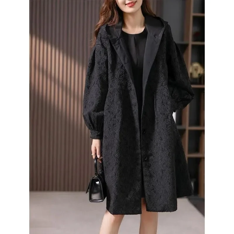 High Quality Trench Coat Women Mid Length 2023 Spring Autumn New Korean Version Long Sleeved Waistband Slim Jacquard Outerwear