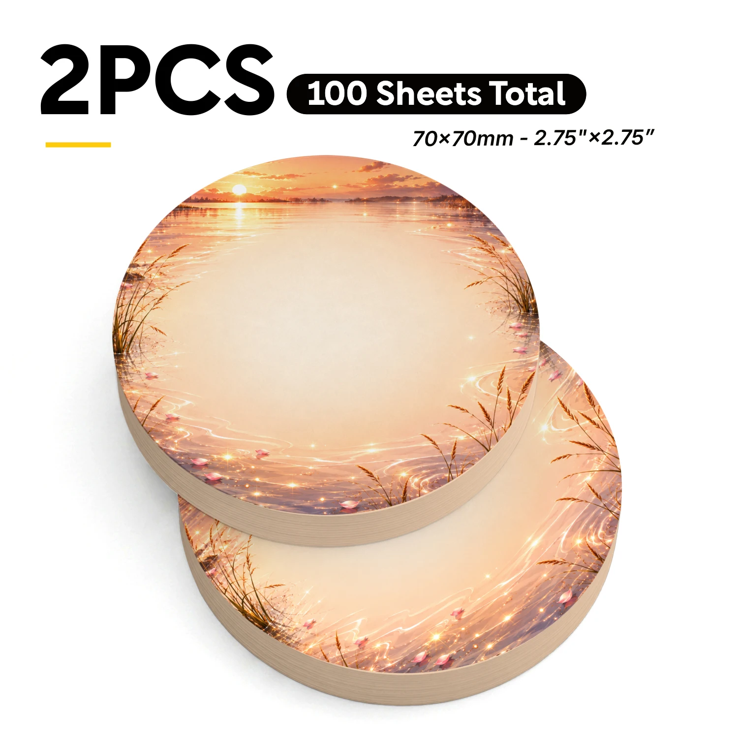 2PCS Sunset Lake Round Sticky Notes 100 Sheets Golden Water Reed Scenic Memo Pads Writing Reminder Notes Office School Stationer