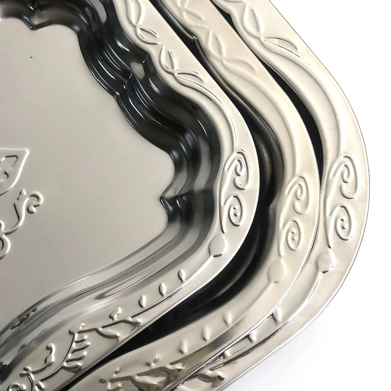 Bandeja Rectangular de acero inoxidable, plato para servir frutas de Metal en relieve Vintage para nueces, pasteles, postres, exhibición decorativa