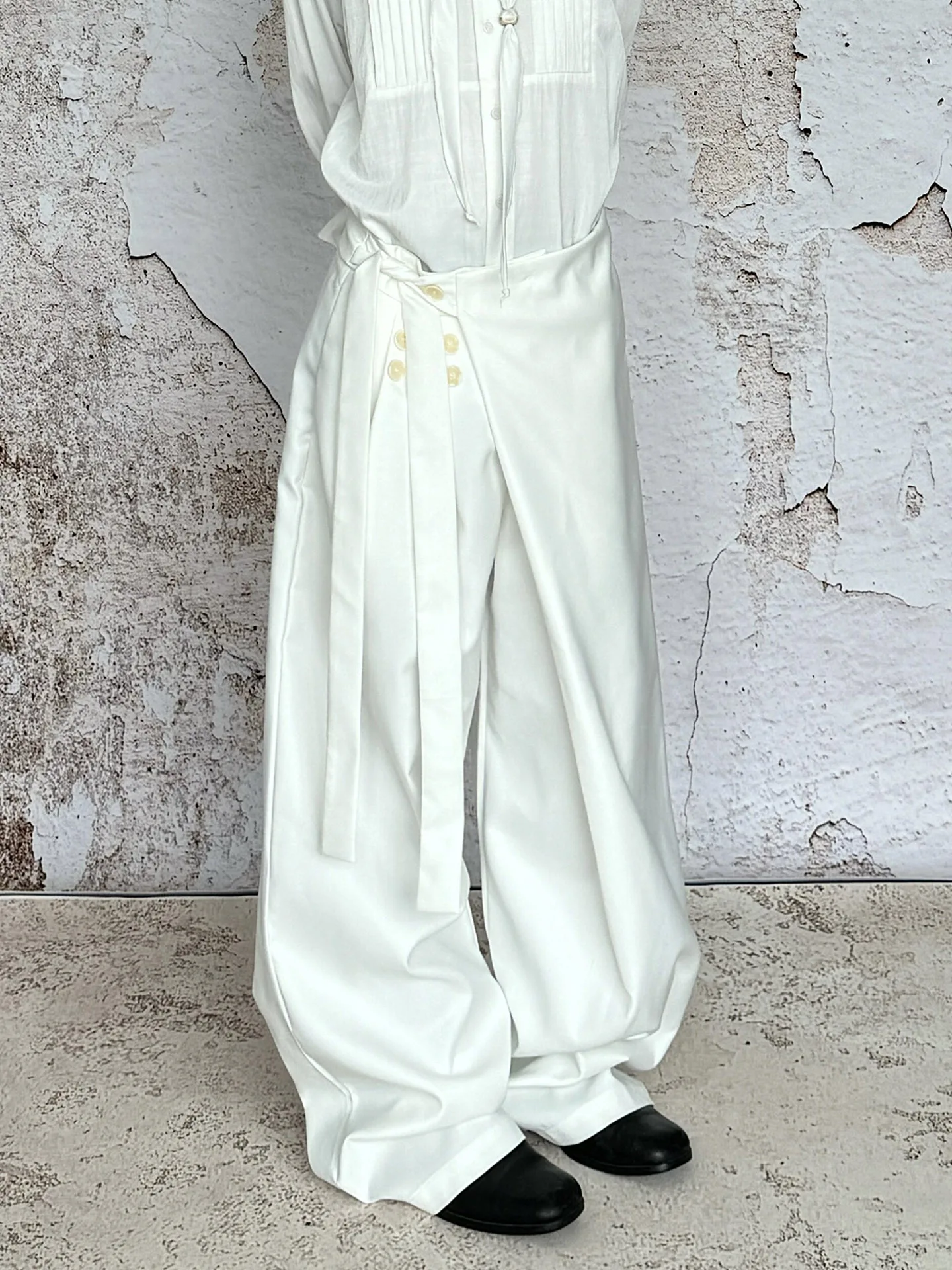 Thickened A-Line Wide Leg Suit Pants Pure Color Bow-Tie Casual Long Trousers Vintage Court Style for Teenage Boys