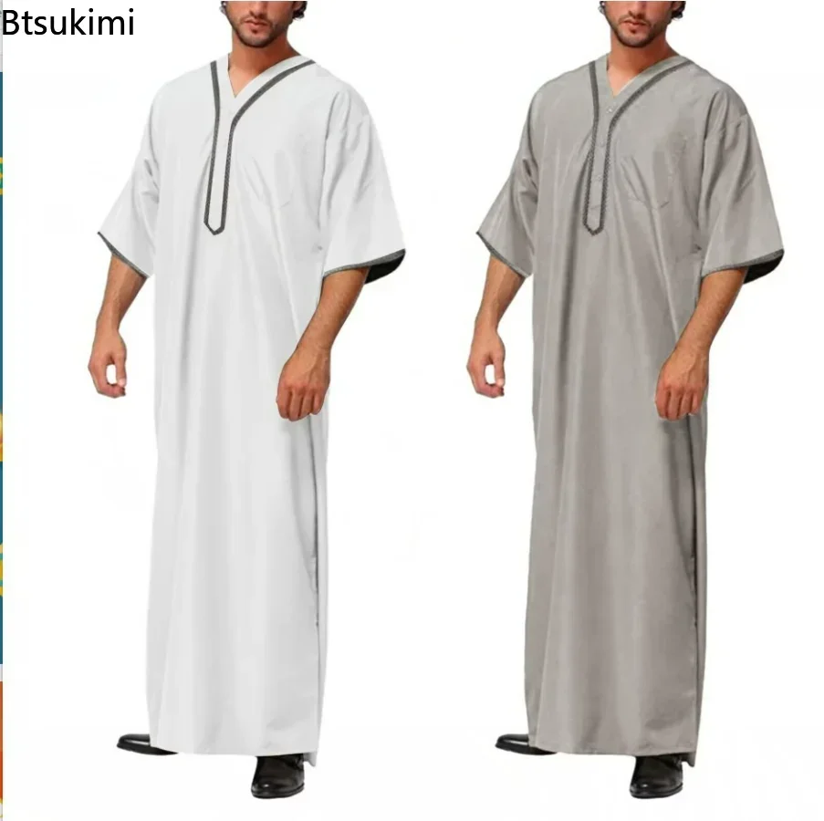 2024 Muslim Men Jubba Thobe Solid Button Kimono Middle Robe Saudi Muslim Man Shirt Stand Collar Islamic Arabic Kaftan Men Abayas