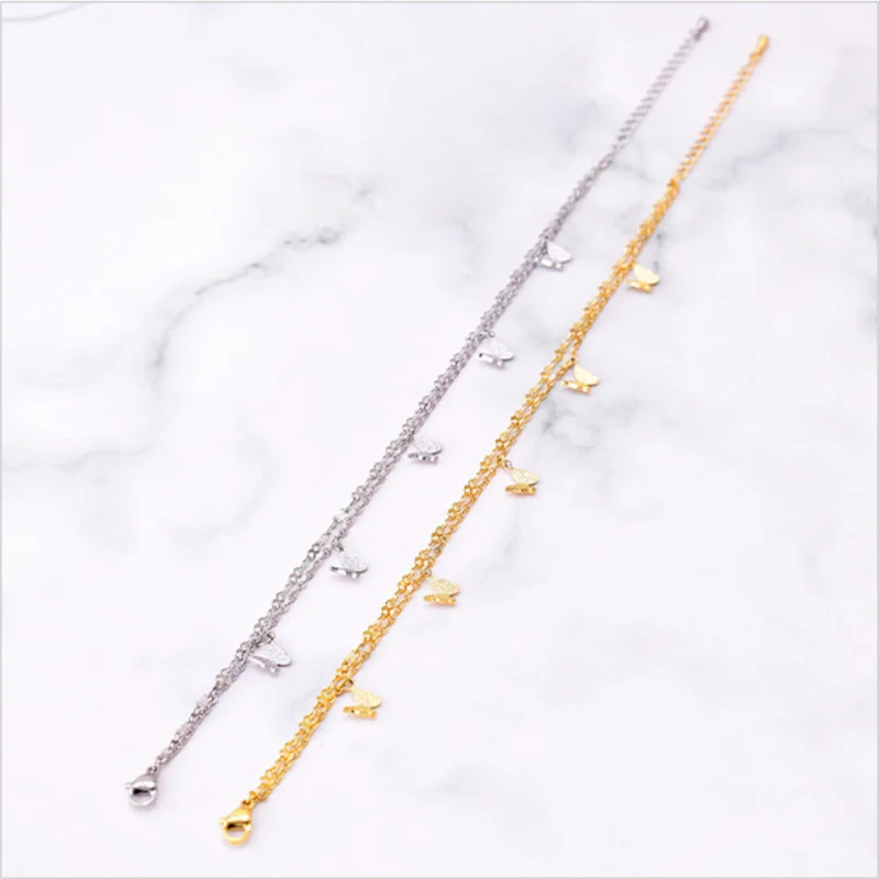 316L Stainless Steel New Fashion Jewelry 2 Layer 5 Frosted Butterflies Elegant Foot Accessories Charm Chain Anklet For Women