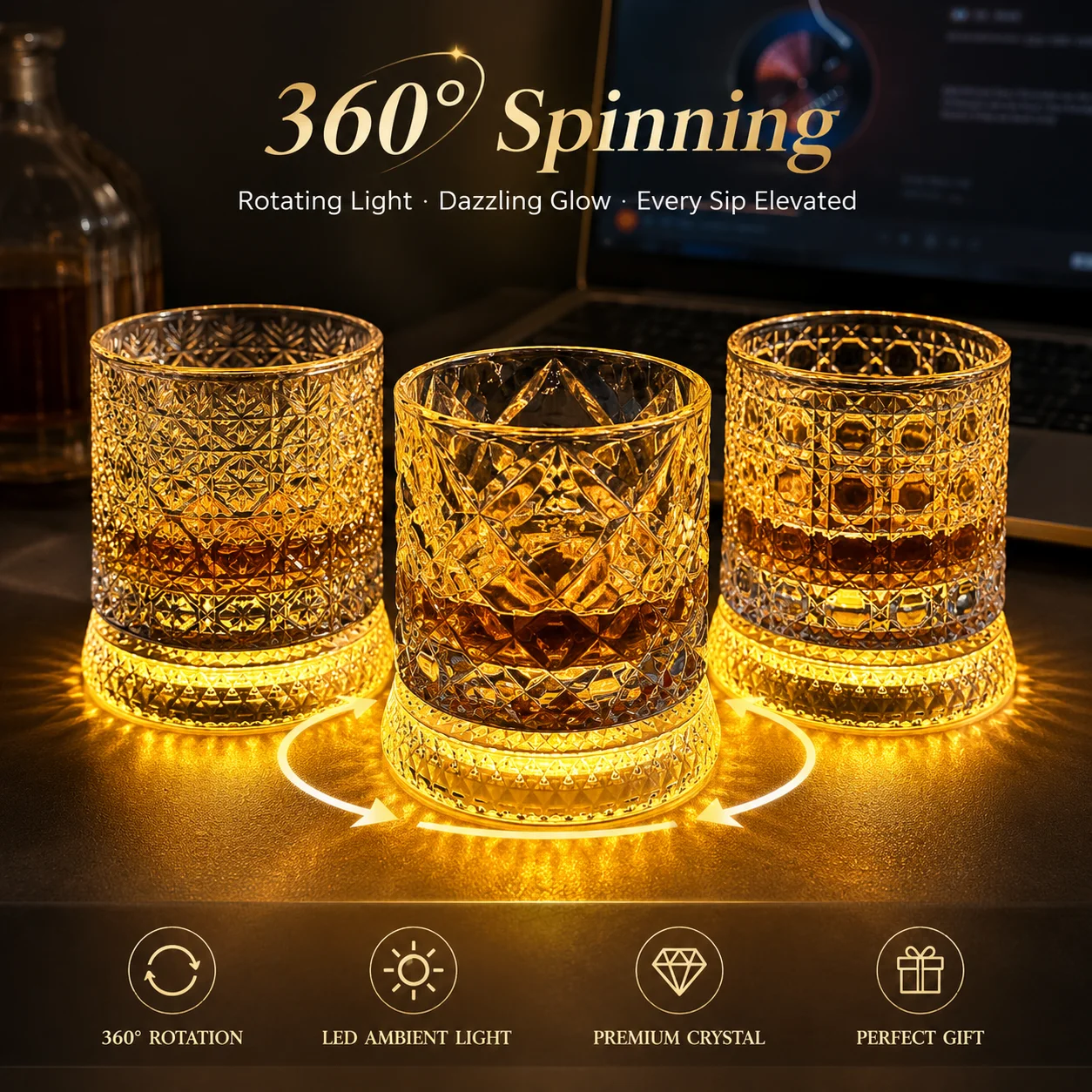 360 Degree Spinning LED Whiskey Glass 280ml Crystal Style Rotating Tumbler Light Up Cocktail Barware Gift