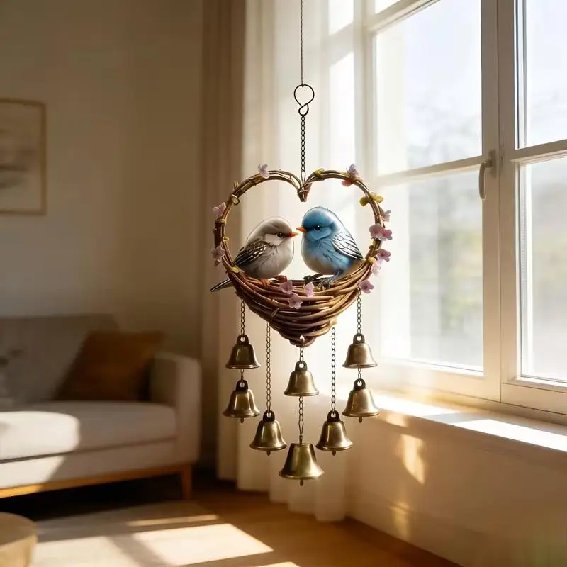 Bird Wind Chime Set Heart Shape Metal Bells Outdoor Garden Patio Decorative Hanging Ornament for Home and Balcony