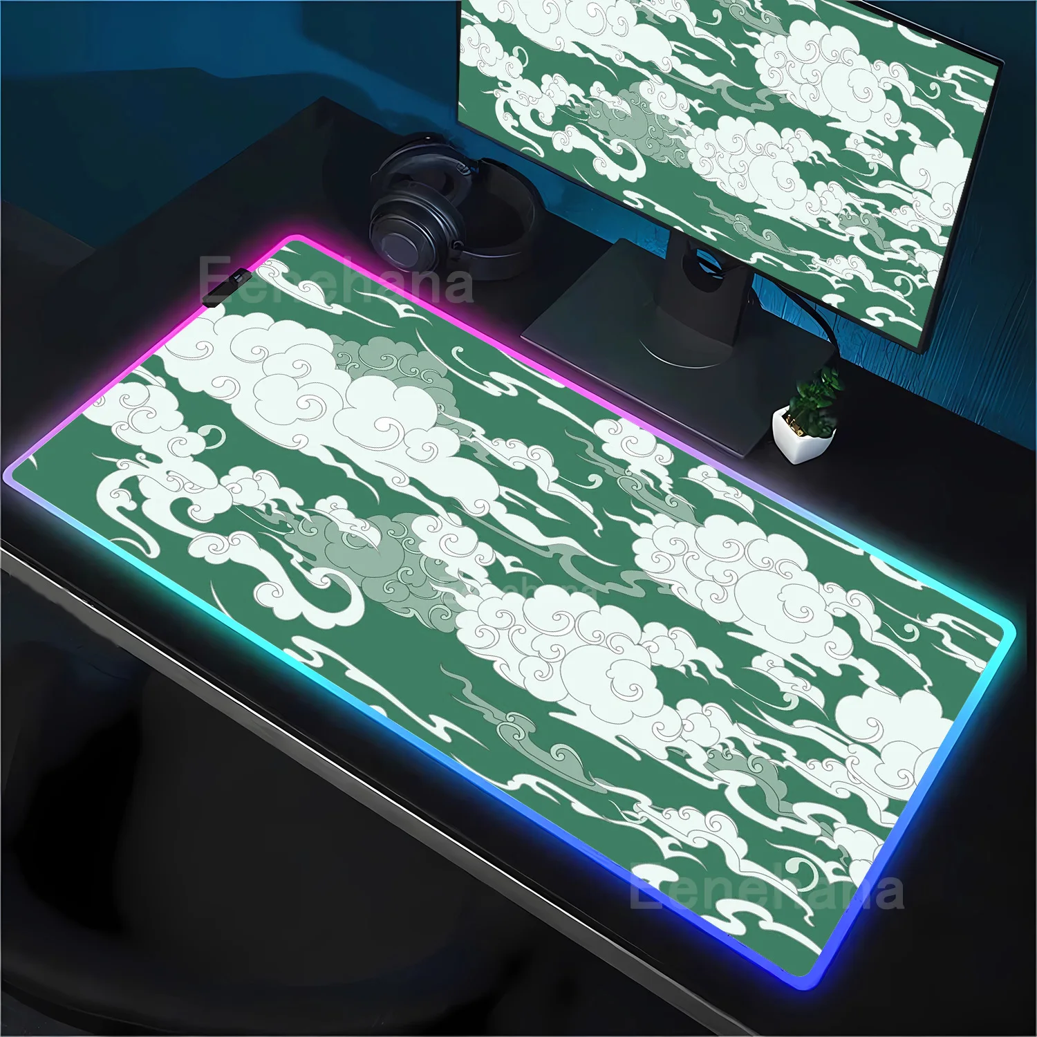 

RGB игровой настольный коврик Kawaii коврик для мышей зеленый милый настольный коврик светодиодная подсветка эстетическое облако небо офисные аксессуары оверлок коврик для мыши