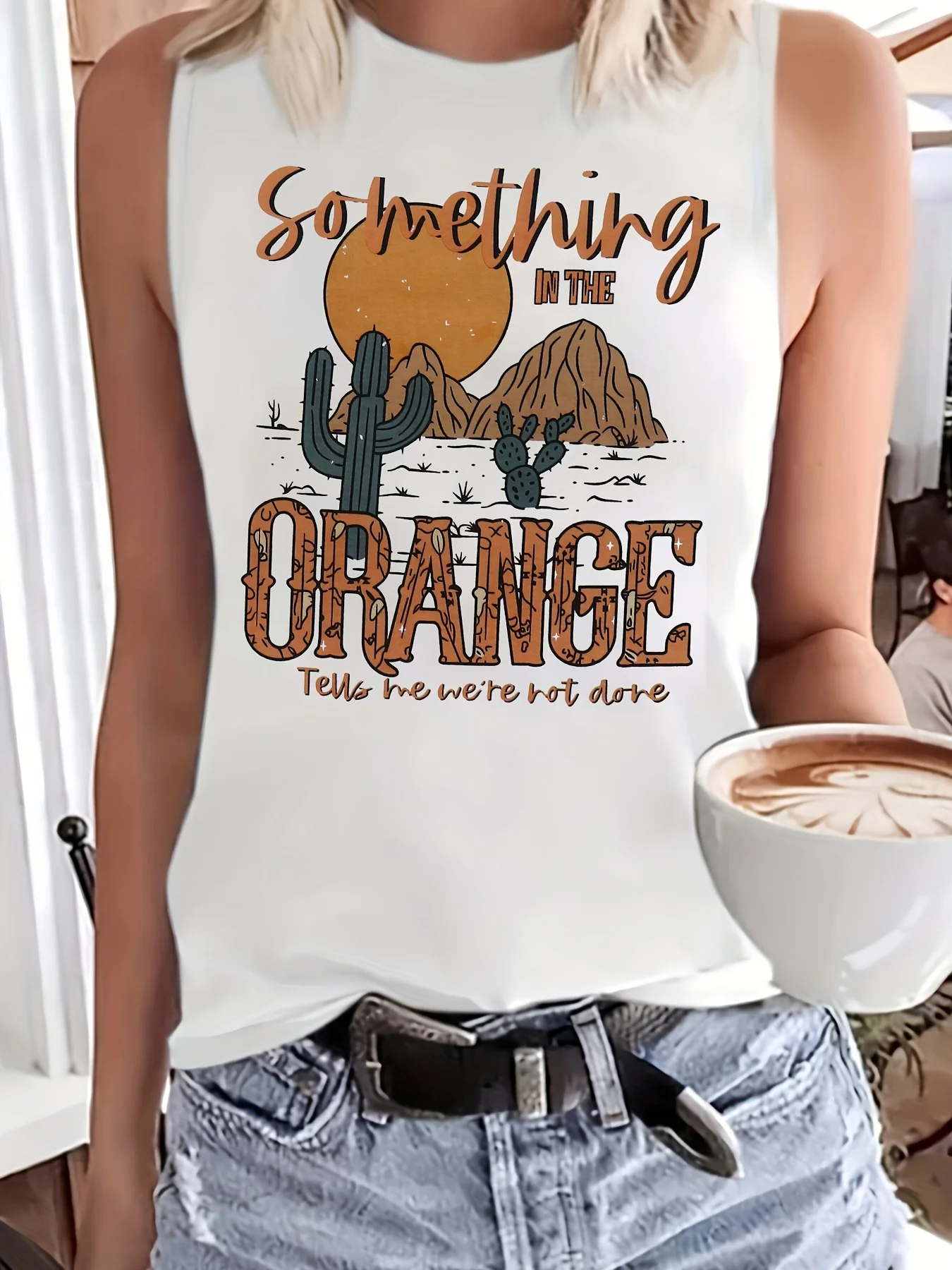 Women's Summer Cactus Letter Print Loose Large Breathable and Comfortable Sleeveless Tank Top T-shirt   Streetwear Oversized O