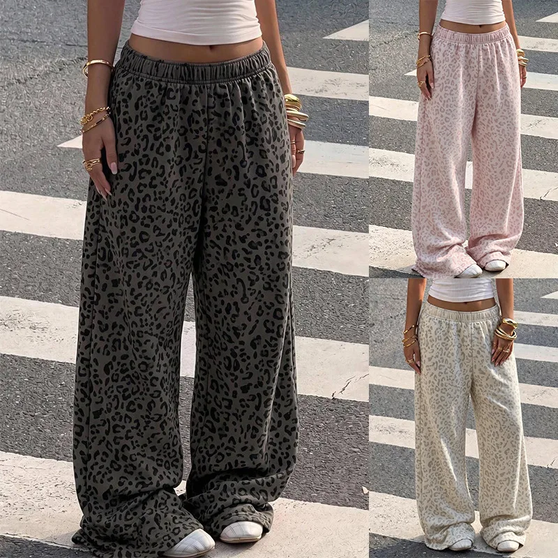 Leopard Print Womens Loose Straight Leg Quick Dry Running Pants Slimming Workout Tummy Control Drapey Bare Feel Yoga Trousers