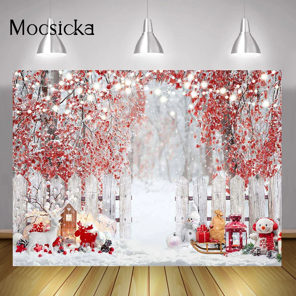 Snow Scene Kids Cake Smash Backgrounds Winter Forest Christmas Portrait Backdrop Snowman Elk Sled Toys Red Merry Xmas Supplies