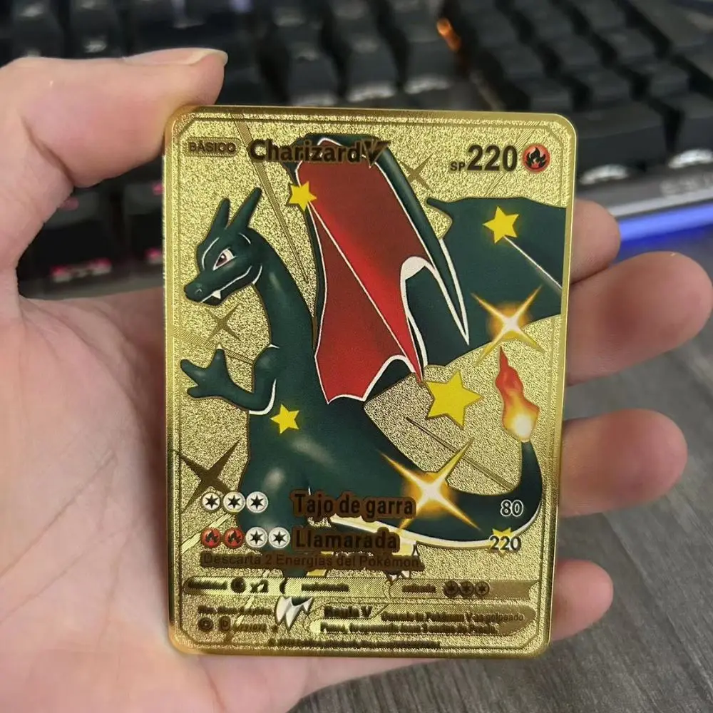 Hiszpańskie karty Pokémon Metalowe litery Pokemon Hiszpańskie Pokemon Żelazne karty Mewtwo Pikachu Gx Charizard Vmax Cartas Pokémon Vmax