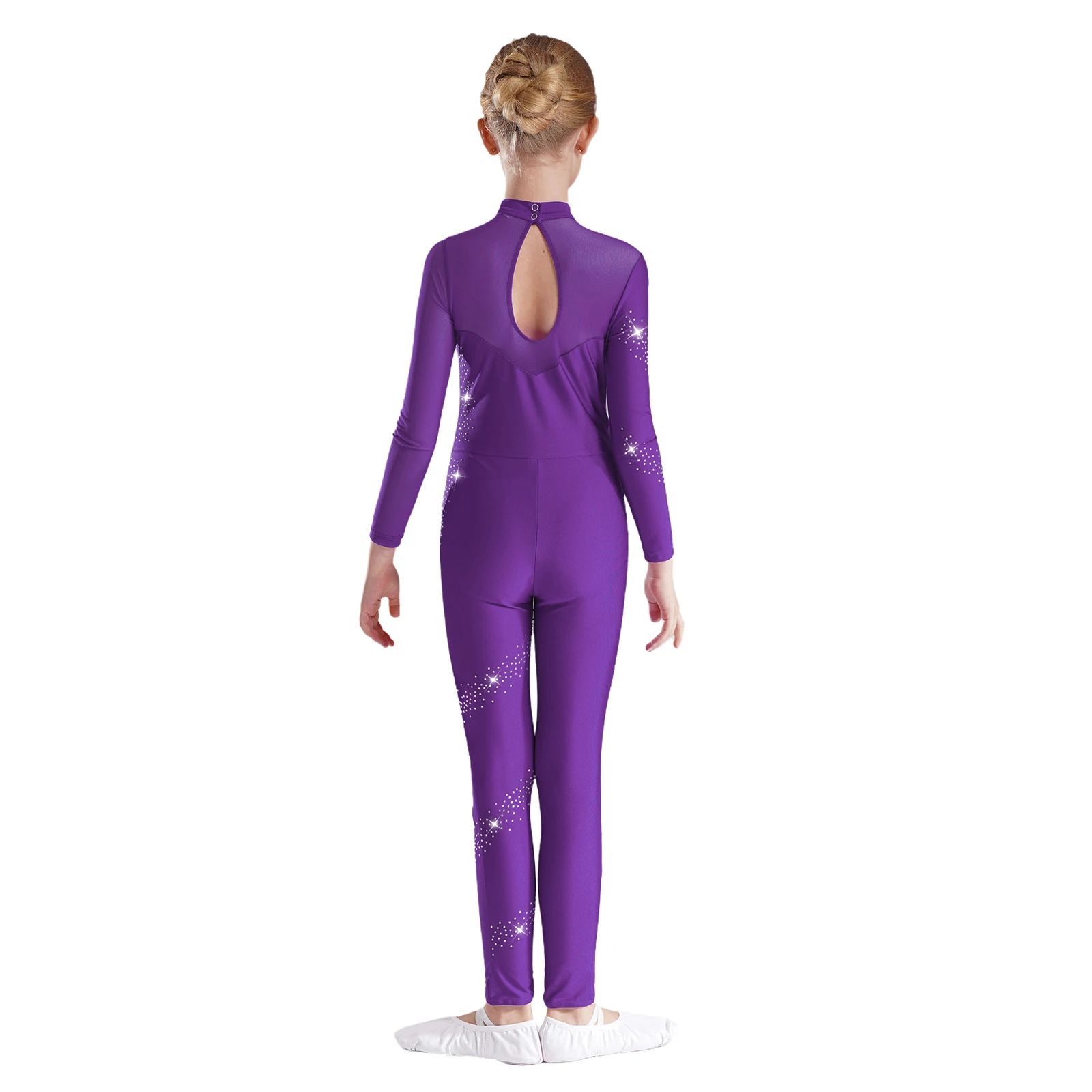 Kids Girls Figure Skating Performance Jumpsuit Ballet Dance Gymnastics Acrobatics Yoga Bodysuit Long Sleeve Rhinestone Leotard