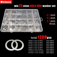 1200pcs/box Ultra Thin Flat Washer Plain Ultrathin Adjusting Shim M3 M4 M5 M6 M8 0.1 0.2 0.3mm Thick 304 Stainless Steel Set Kit