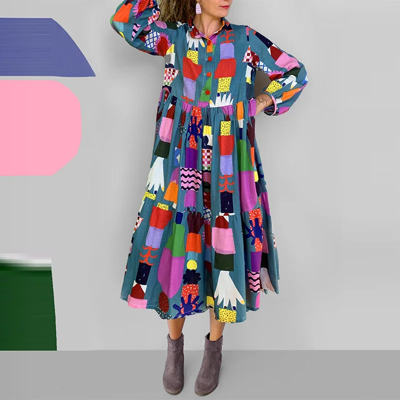 

Свободное платье с длинными рукавами и лацканами с принтом, длинная распашная юбка, осень-зима 2022, новая одежда, модная уличная женская одежда