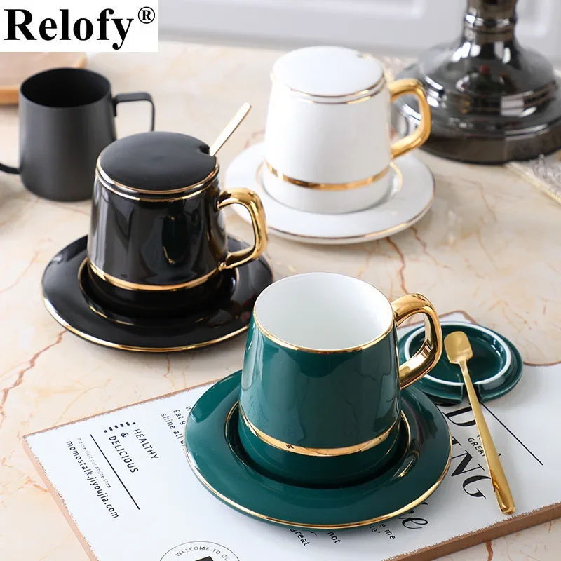 400ml Gift Package Ceramic Mug  with Lid Spoon and Saucer Lovers Coffee Mug Creative Coffee CupsCeramic Coffee Cup Set Drinkware