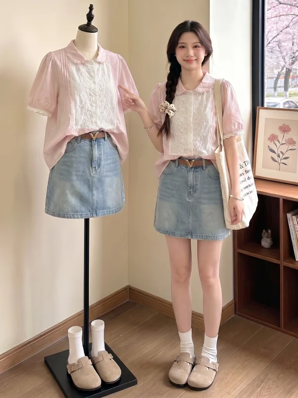 

Korean Style Short Sleeve Bubble Sleeve Doll Collar Women's Shirt plus Size Pink Anti-Aging Top for Younger Look Commute Wear