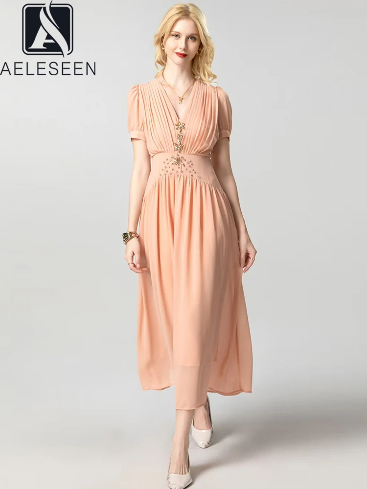 

AELESEEN 2025 Spring Summer Pleated Dress Women Runway Fashion Short Sleeve V-Neck Diamonds Beading Elegant Office Ladies Party