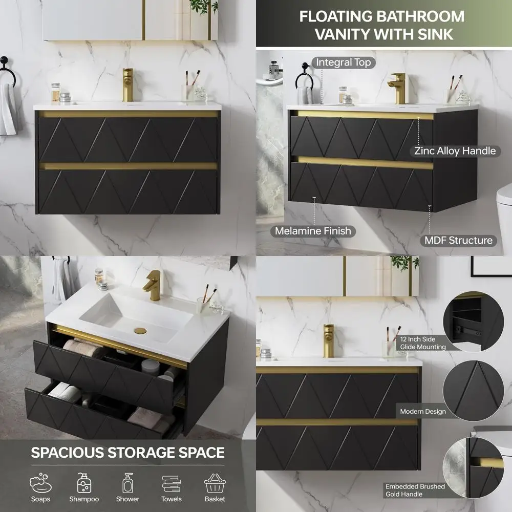 

modern u-shape wall-mounted 30" floating vanity with stripe accents