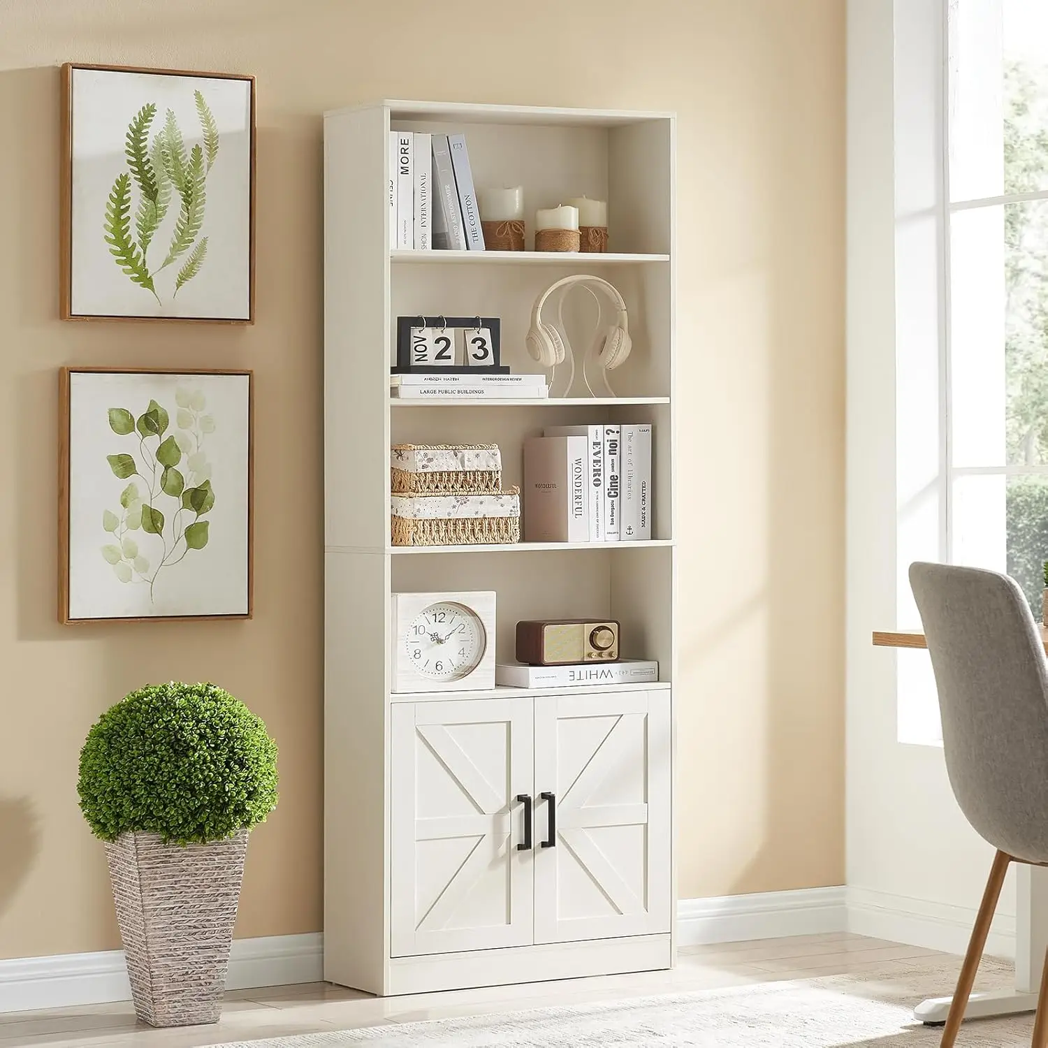 

70in Tall Bookshelf 6 Tier Bookcase with Barn Doors and Adjustable Shelf, White Farmhouse Book Shelves with Storage, Customized