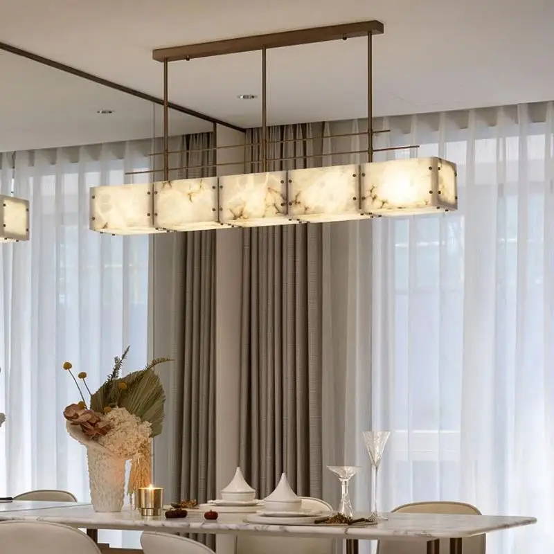 Modern Long Marble Chandelier For Dining Room Kitchen Table Luxury Copper Pendant Lamp Bronze Minimalist Hanging Light