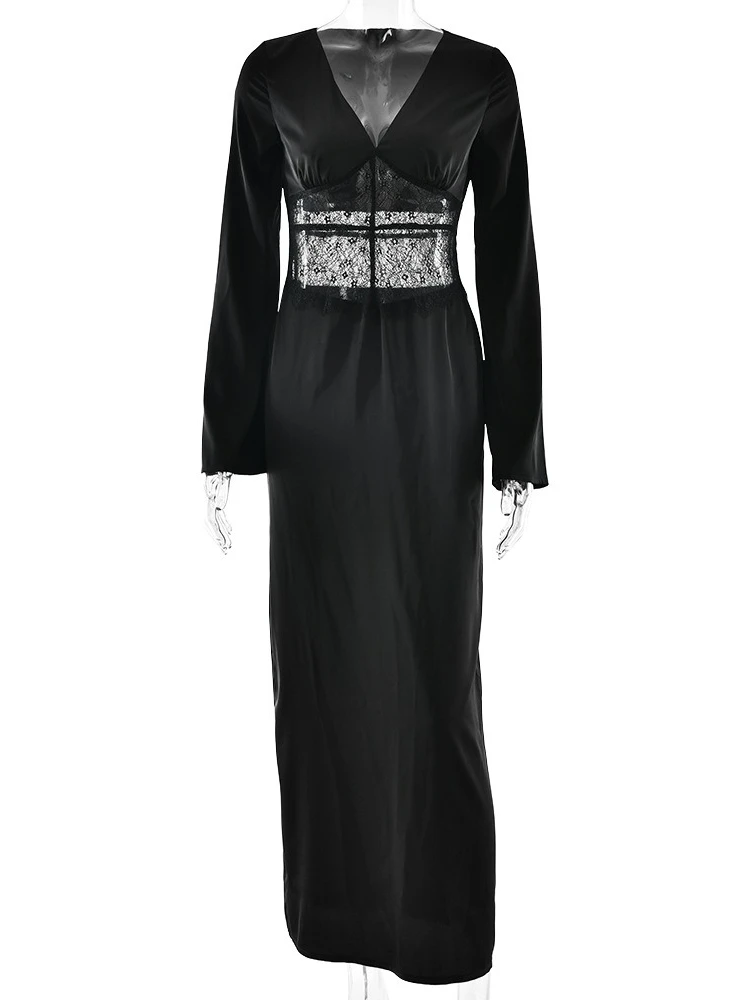 XIAOTANG Abito lungo sexy a maniche lunghe con scollo a V Abito da donna Elegante abito da festa in pizzo trasparente patchwork a vita alta aderente con spacco