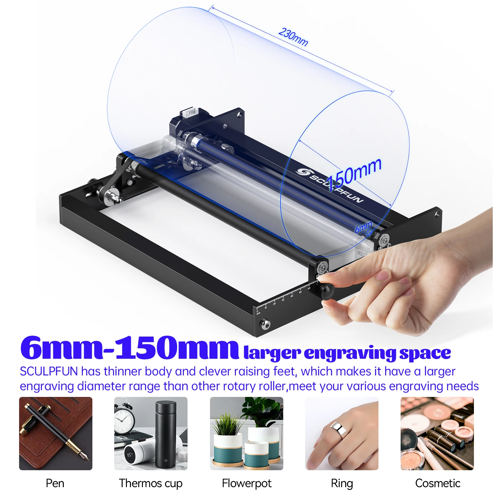 SCULPFUN Laser Rotary Roller Laser Engraver Y-axis Rotary Roller 360° Rotating for 6-150mm Different Engraving Objects
