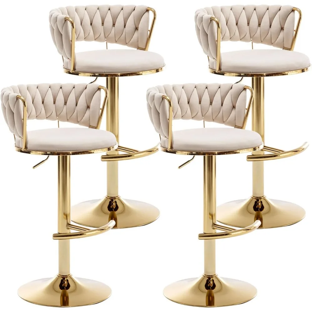 Gold Velvet Bar Stools Set of 4, Counter Height Bar Stools with Low Back, Swivel Bar Stool for Kitchen Island