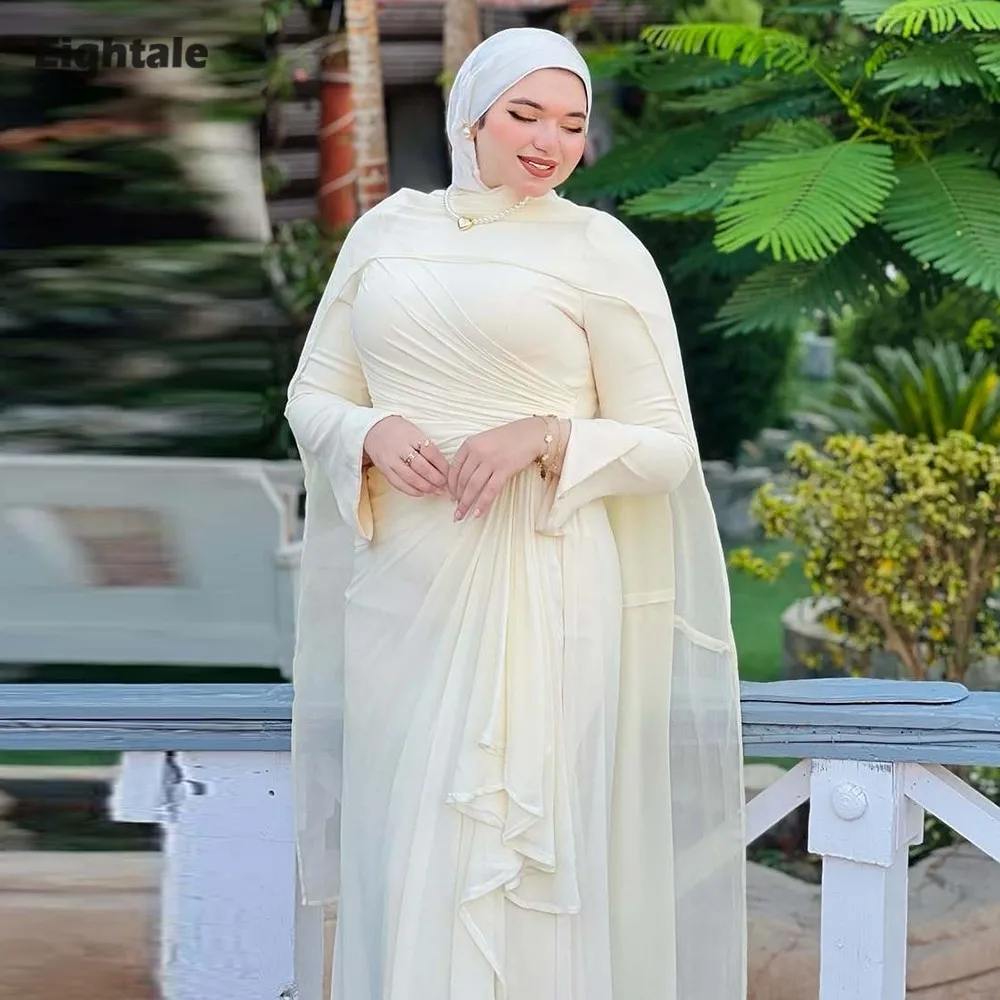 

Eightale Arabic Evening Dress for Wedding Party O-Neck Mermaid Customized Muslim Pleats Long Sleeves Prom Gown