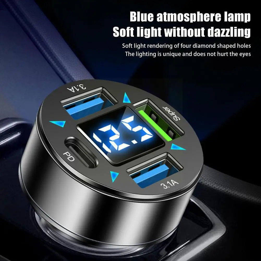 4-Port USB Adapter Blue Light Fast Car Charger QC 3.0 PD Quick Charge Adapter LED Digital Display For Huawei E5N1