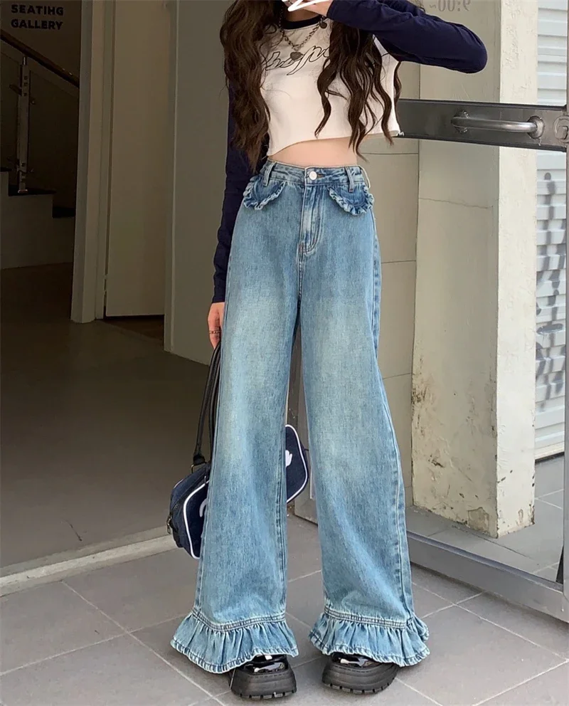 Gothic High Waist Denim Pants Women Chic Ruffles Ruffle Hem Jeans Wide Leg Pants Jeans Female  Kawaii Y2K Straight Trousers