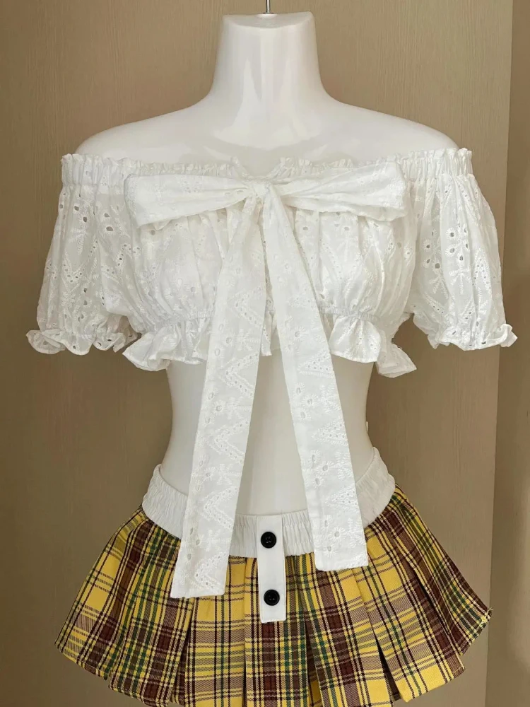 Summer New Korean Preppy Style Sweet 2 Piece Set Women One-shoulder Bow Short-sleeved Tops Pleated Skirt Lovely Pure Desire Suit