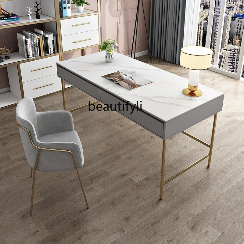 Simple Desk Office Home Computer Desk Stainless Steel Gold-Plated Stone Plate Desk Solid Wood Table