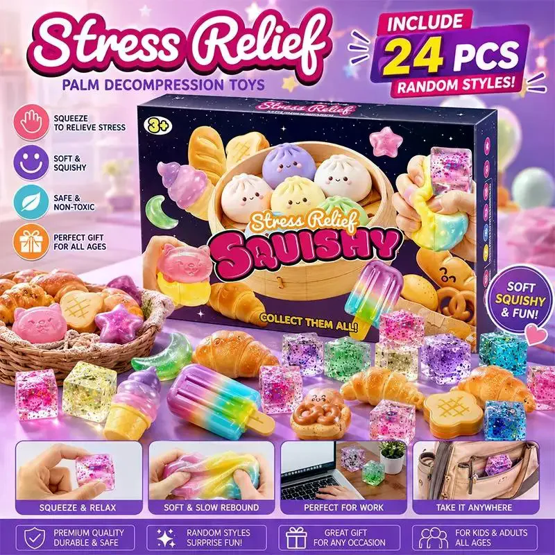 /GJ/24Pcs Stress Relief Food Squeezable  Pack High Elastic Tear Resistant Slow Rising Fidget Toy Gift For Kids Teens