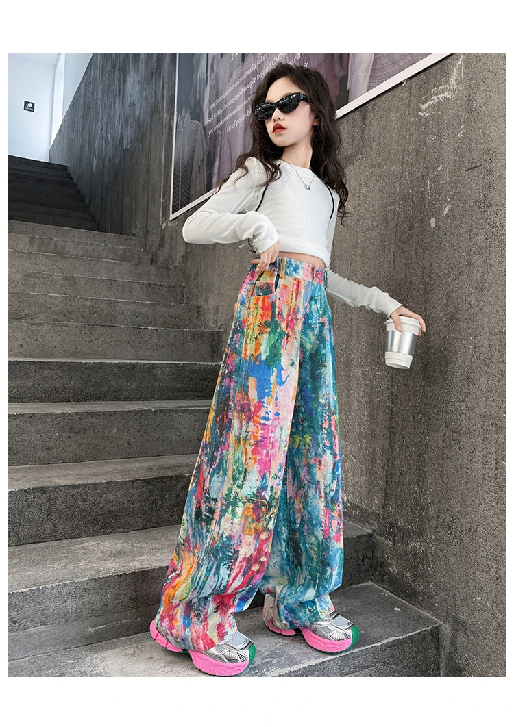 Street-Style Kinder-Jeans mit Bunten Prints für Teenager-Mädchen, Modische Hip-Hop-Tanz-Jeans, Trendige Hiphop-Denim-Hosen für Kinder – Detail 15