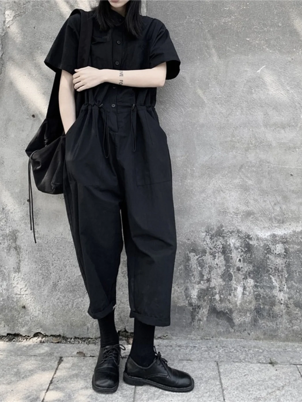 Tannt Women Jumpsuits Drawtherope Short Sleeves Black Casual Women Jumpsuits Fashion Loose Summer Ankle-length Pants 2024