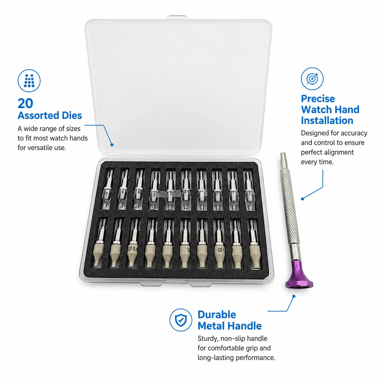 20pcs Watch Hands Fitting Setting Presser Pusher Setter PEEK &Steel Watch Needle Holder Watch Repair Tool for Watchmakers