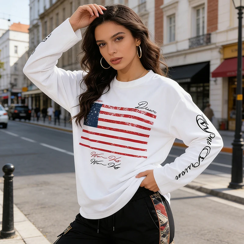Amerikanisches Festival Übergroßes Langarm-Pullover mit Buchstaben- und Flaggen-Print, Harajuku Street Casual Oberteil, Pendler-Damen O-Ausschnitt T-Shirt