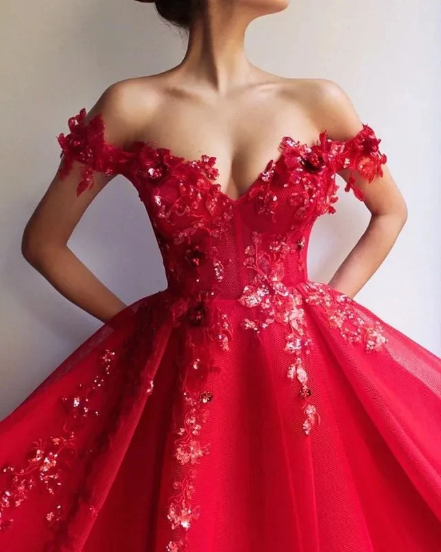 Shiny Red Evening Dress Off The Shoulder A-Line Long Tulle Prom Gowns Sequins Lace Appliques Formal Party Second Reception Dress